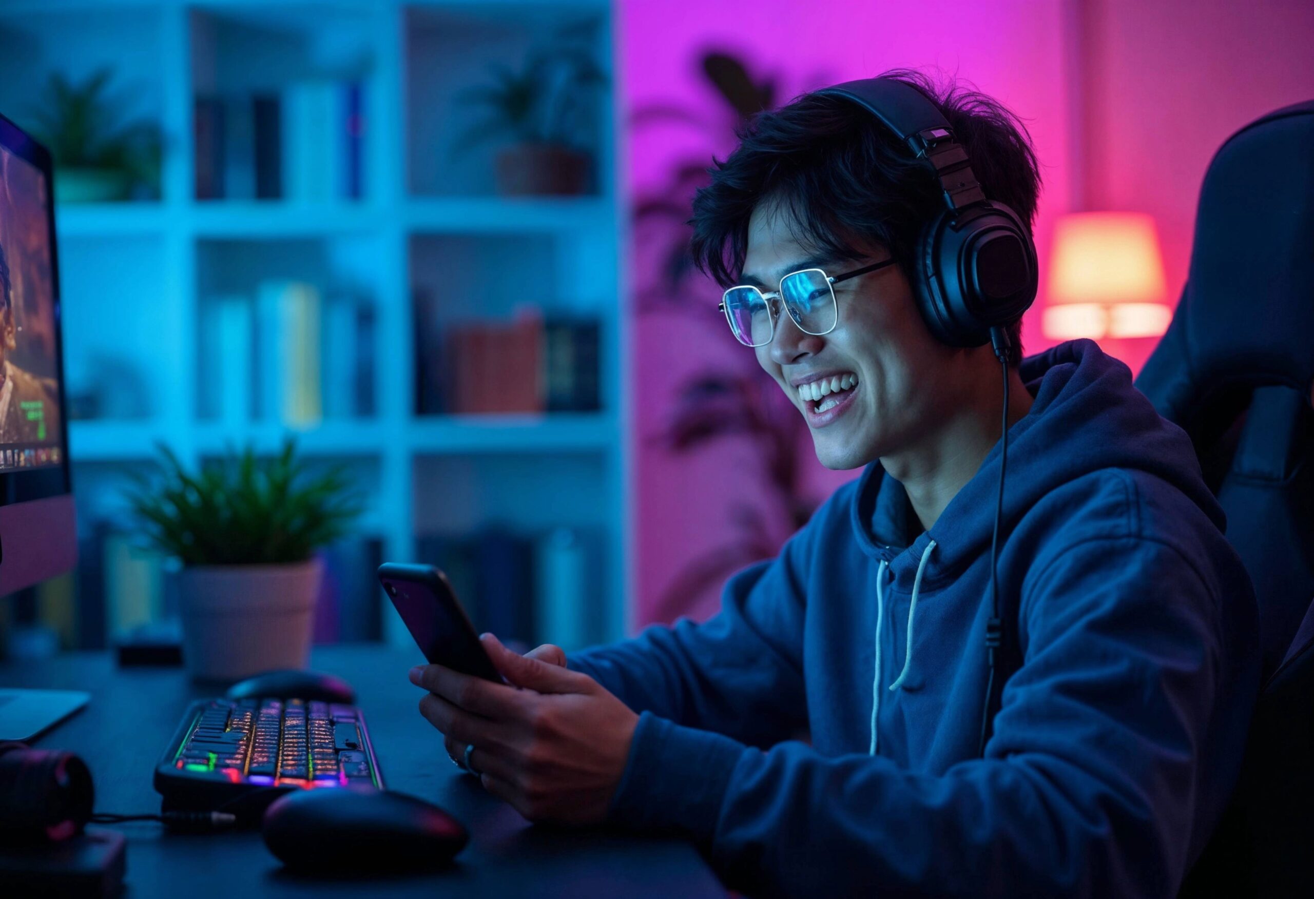 Rent a minecraft server: A young man wearing glasses and a hoodie is smiling while sitting at his gaming desk